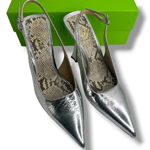 NEW Sam Edelman Odette Slingback Heels Size 8 Metallic Silver Leather Pumps - Picture 3 of 12